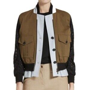 Veronica Beard Ranger Mixed Media Parka Jacket Black Lace Blue Button Zip 4